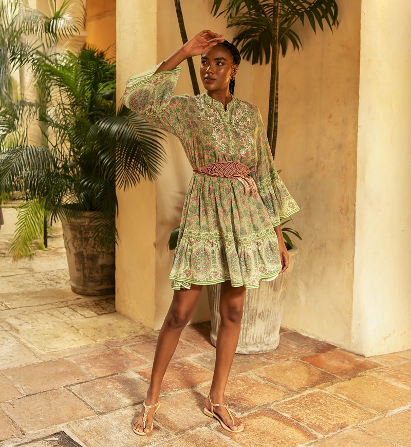 Helena short dress - pink and green - delicate floral print - embroidered details - Miss June Paris - 1