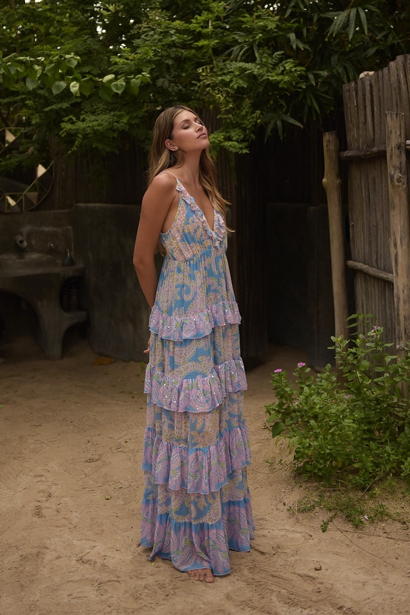 Yolanda long dress - blue - pink paisley print - adorned with delicate ruffles - discreet sequins - Miss June Paris - 3