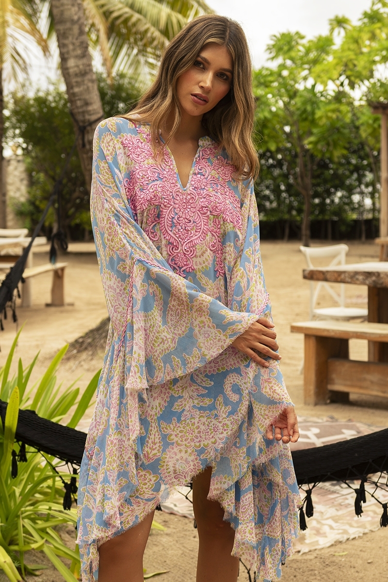 Madalena short caftan - blue - embroidered details - pink paisley print - asymmetrical cut - Miss June Paris - 2