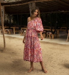 Belle long dress - boho chic style - paisley print - asymmetrical cut - one shoulder - Miss June Paris - 1