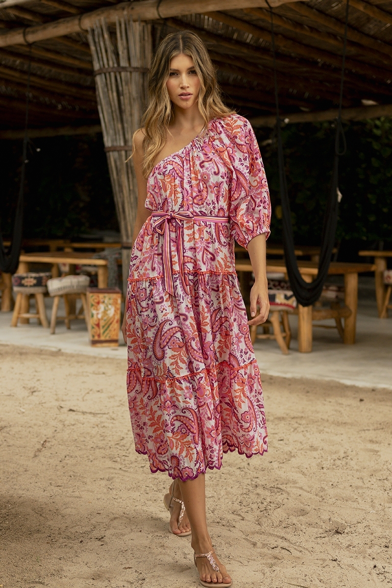 Vestido largo Belle - estilo bohemio chic - estampado cachemir - corte asimétrico - un hombro descubierto - Miss June Paris - 3