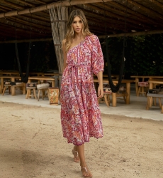 Vestido longo Belle - estilo boêmio chique - estampa paisley - corte assimétrico - um ombro descoberto - Miss June Paris - 3