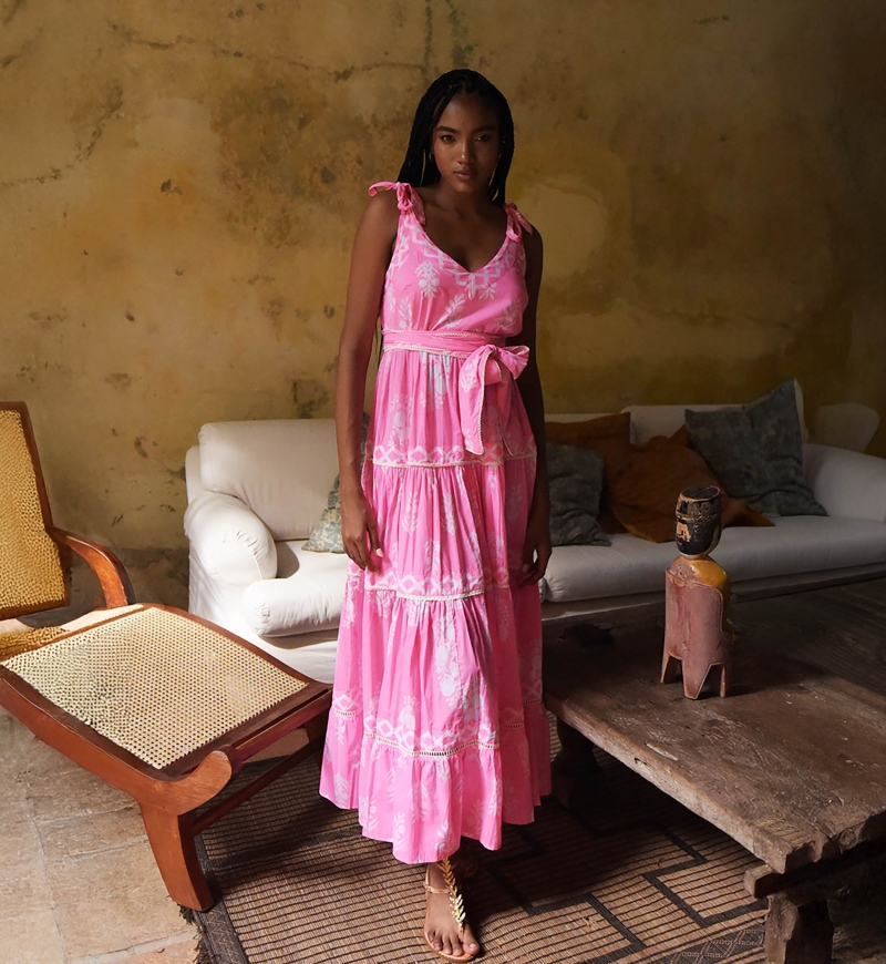 Amalia long dress - adjustable length - neon pink - bohemian print - scoop neck - Miss June Paris - 2