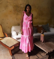 Vestido longo Amalia - comprimento ajustável - rosa neon - estampa boêmia - decote redondo - Miss June Paris - 2