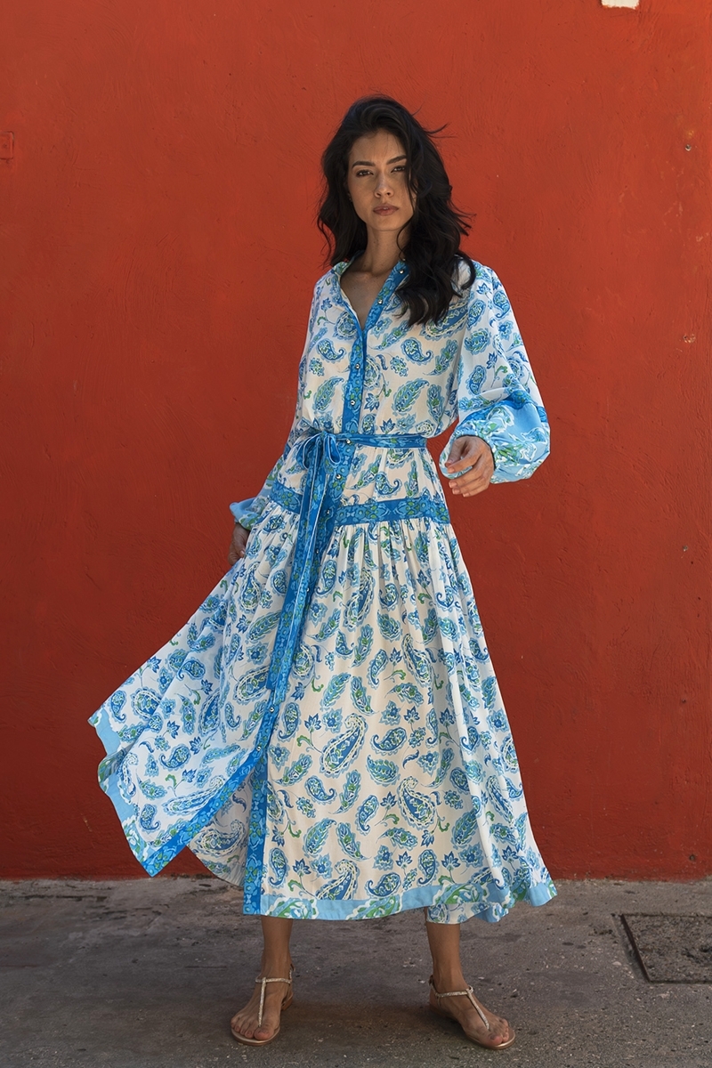 Malia long dress - blue shades - paisley print - tightened cuffs - long sleeves - Miss June Paris - 1