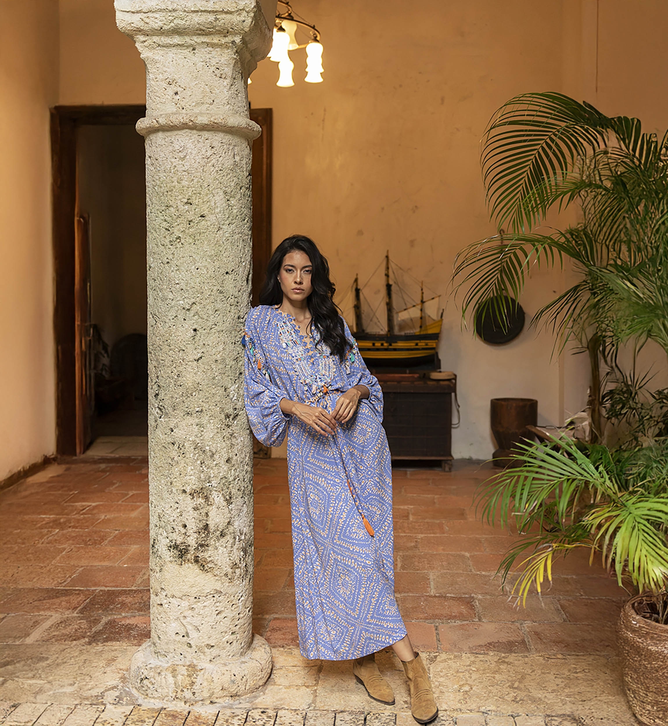 Alina long dress - pastel purple - original print - touches of flaming orange - long sleeves - Miss June Paris - 2