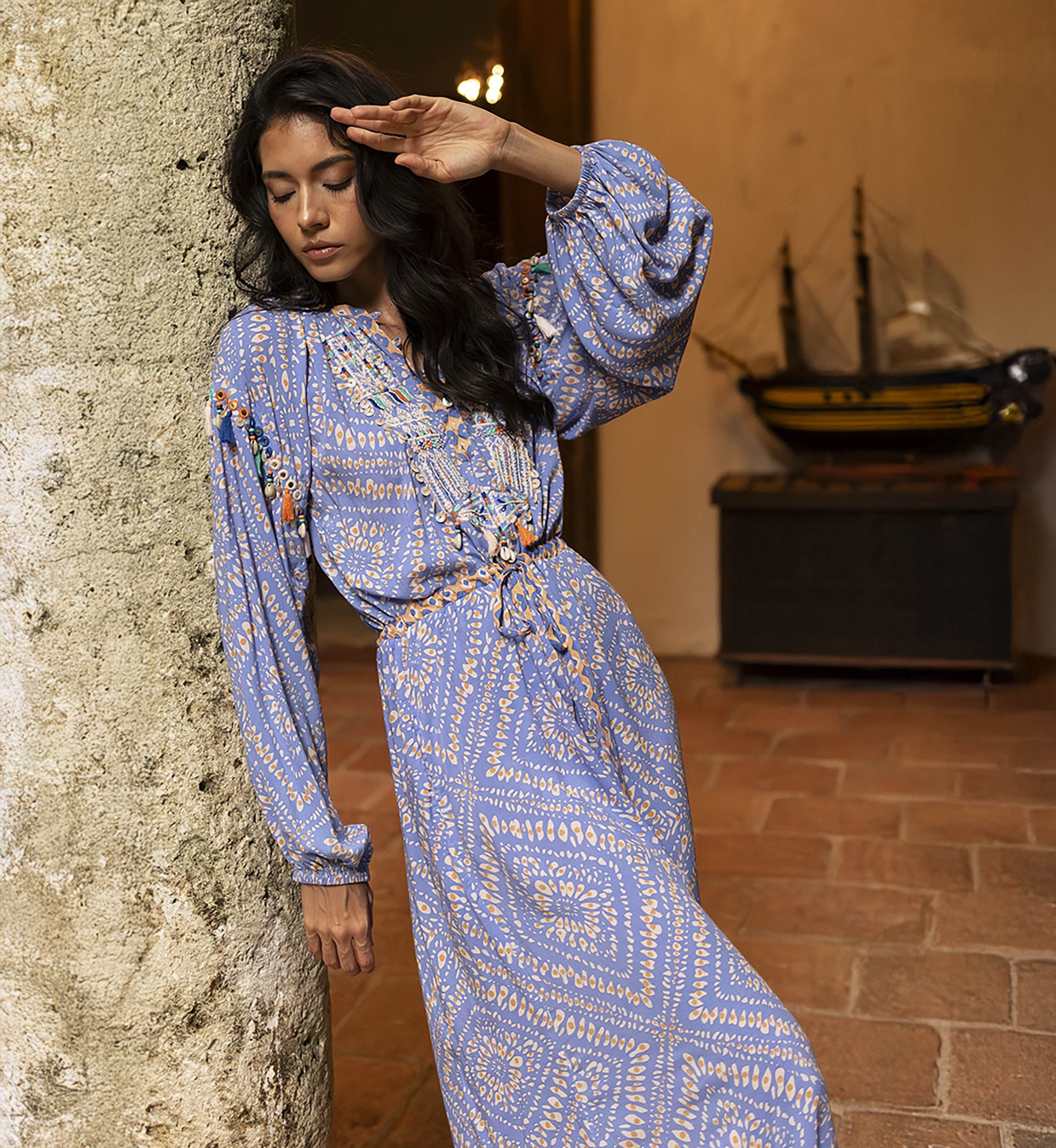 Alina long dress - pastel purple - original print - touches of flaming orange - long sleeves - Miss June Paris - 1