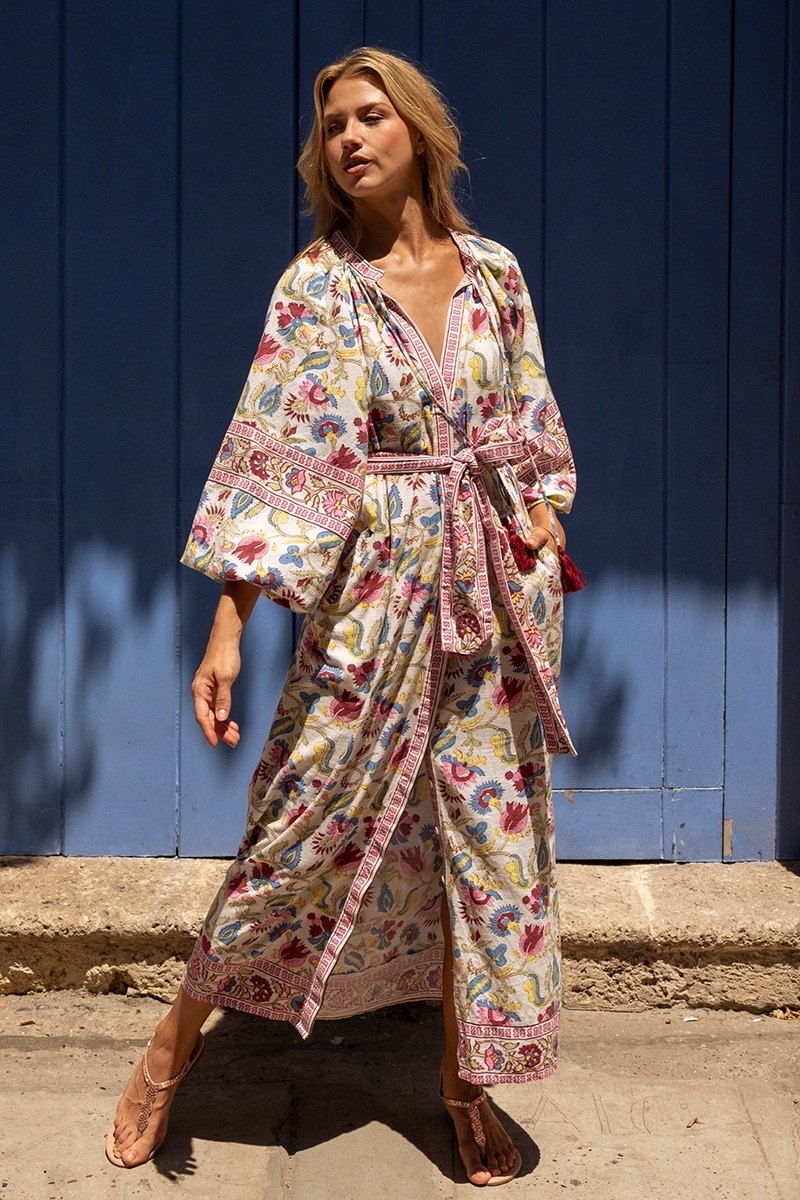 Long Dress Adriana: multicolor - floral print - long sleeves - matching belt - Miss June Paris - 1