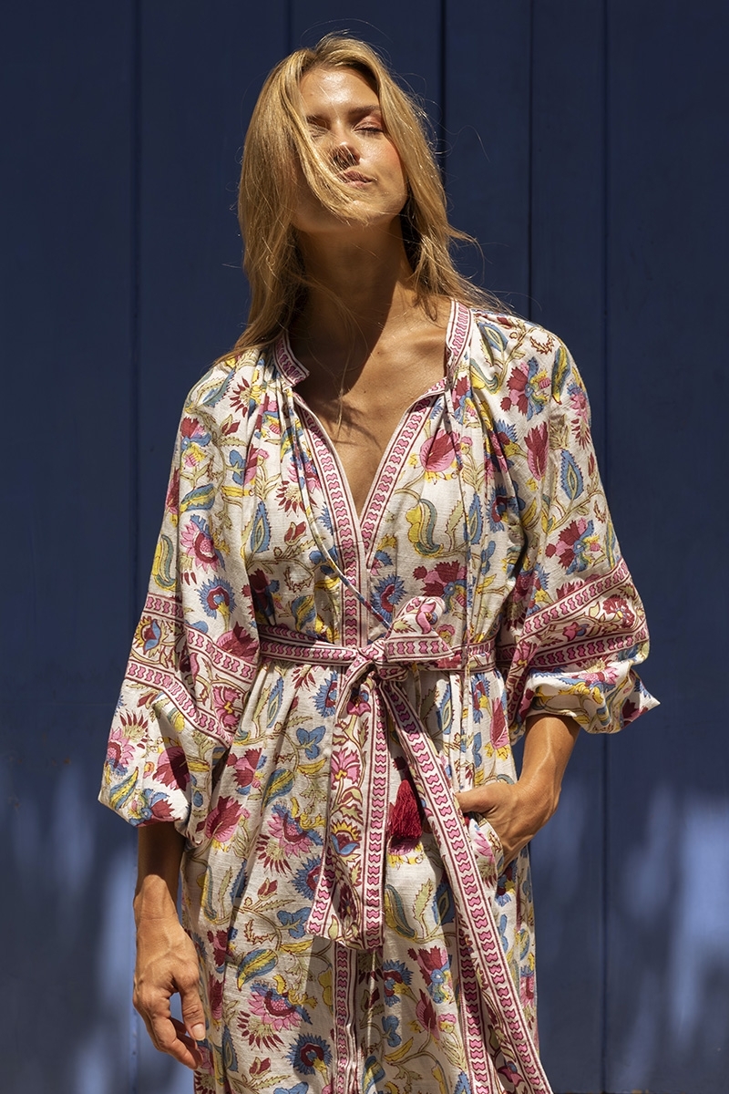 Long Dress Adriana: multicolor - floral print - long sleeves - matching belt - Miss June Paris - 3