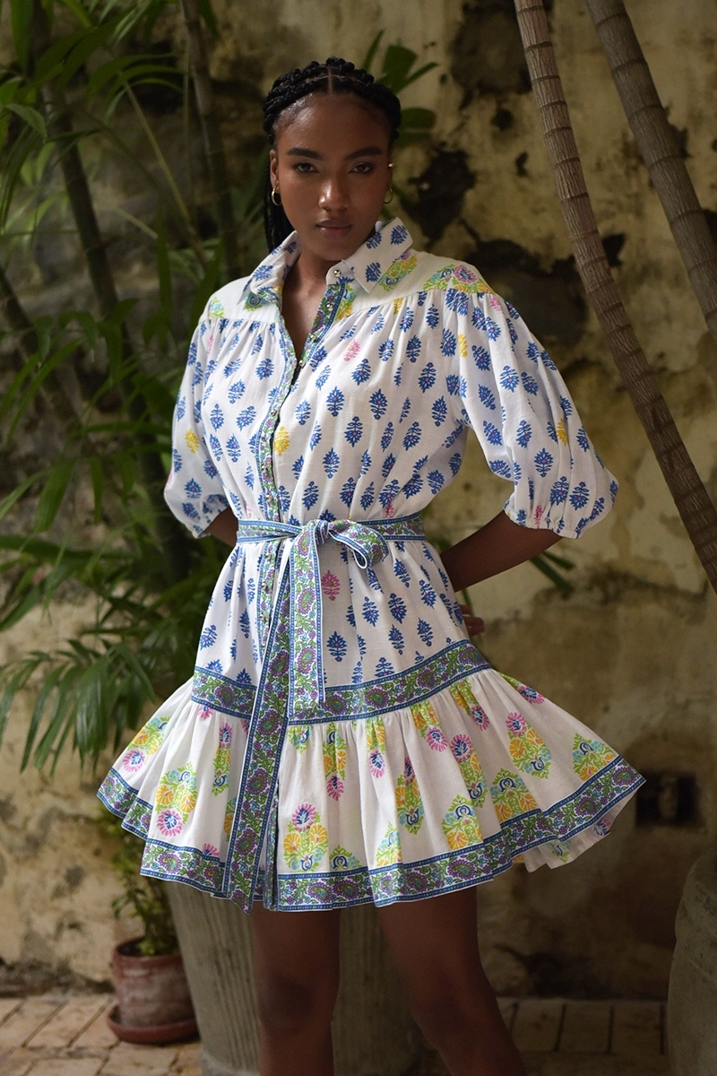 Laya short dress - white - blue, yellow and pink prints - 3/4 sleeves - Miss June Paris - 1
