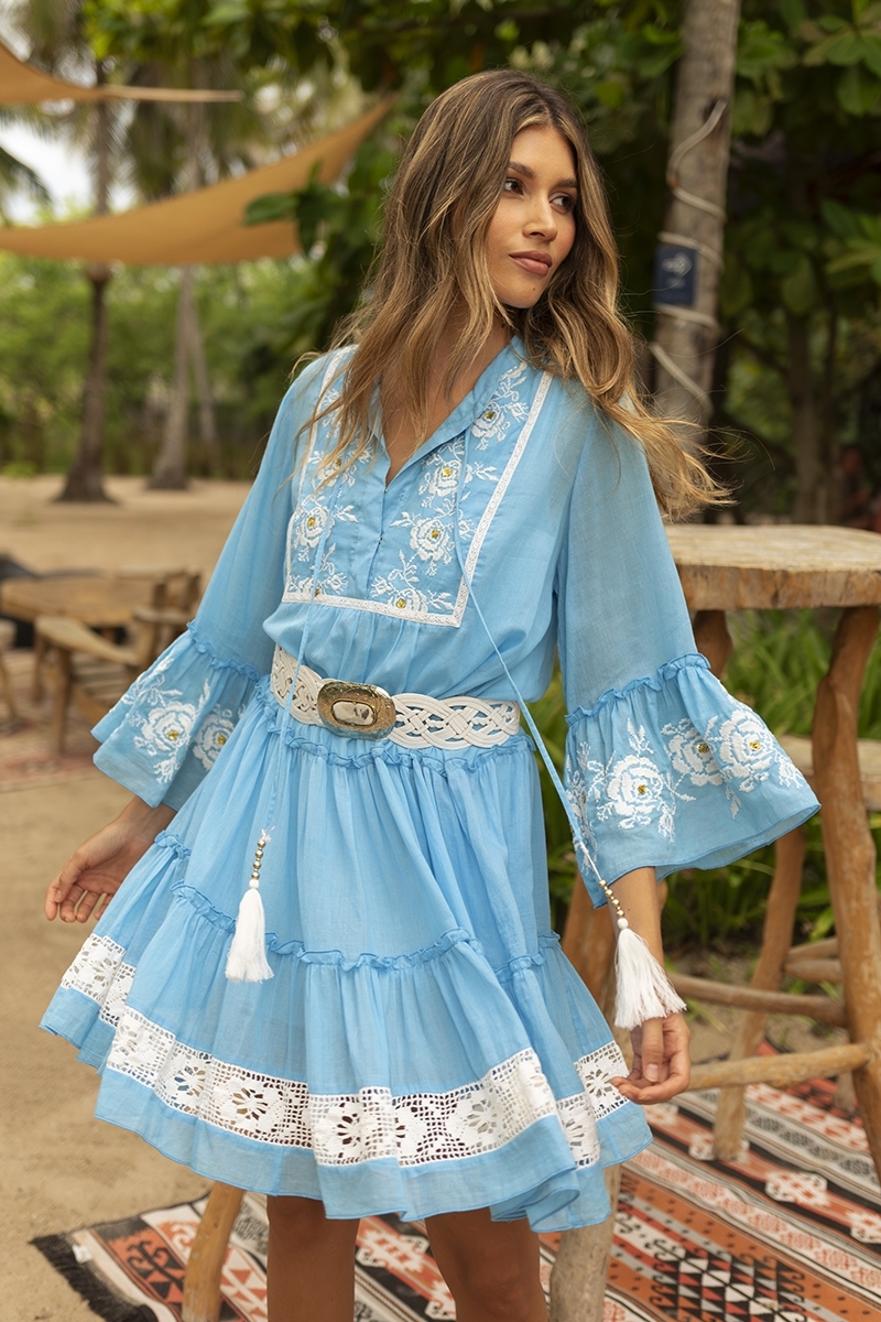Cecilia short dress - blue with white embroidery - delicate lace - refined texture - Miss June Paris - 2