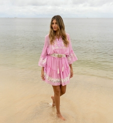 Cecilia short dress - pink with white embroidery - delicate lace - refined texture - Miss June Paris - 2