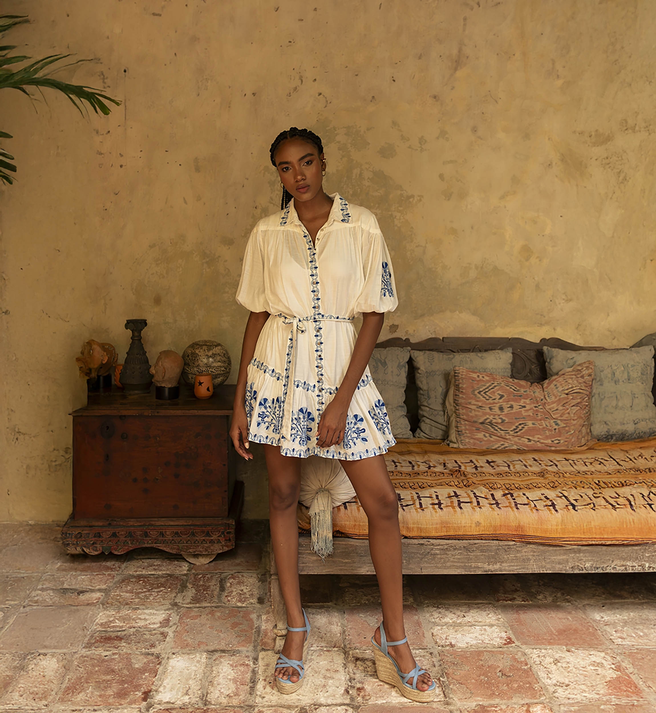 Alessia short dress - white - adorned with blue embroidery - embroidered belt - silver buttons - Miss June Paris - 2