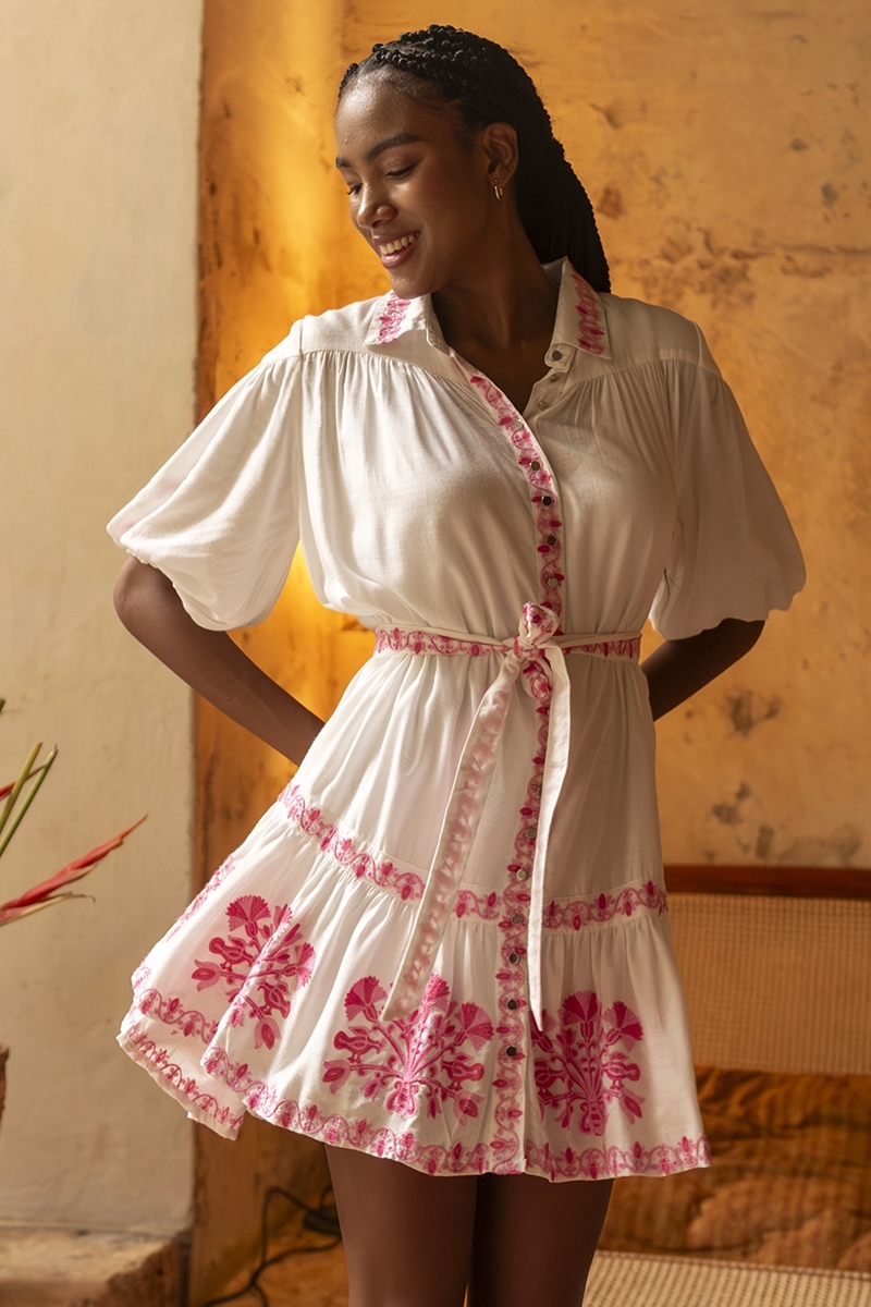 Alessia short dress - white - adorned with pink embroidery - embroidered belt - silver buttons - Miss June Paris - 1