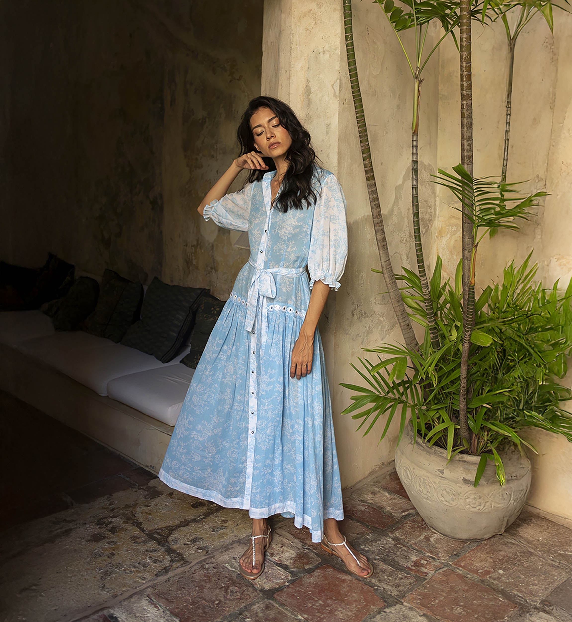 Natalia long dress - blue with floral print - 3/4 sleeves - matching belt - Miss June Paris - 2