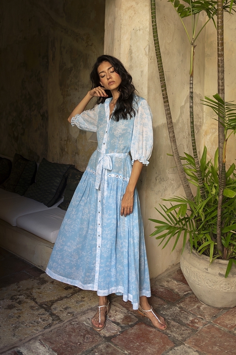 Natalia long dress - blue with floral print - 3/4 sleeves - matching belt - Miss June Paris - 2