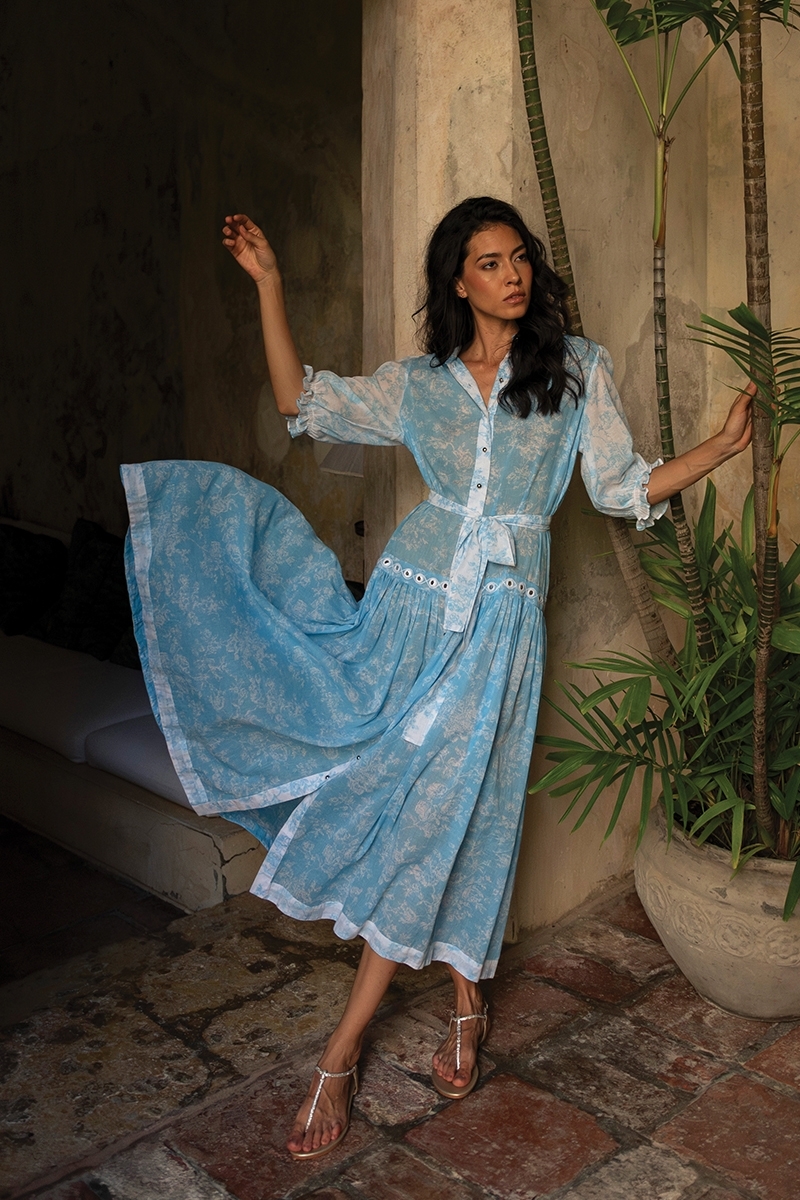 Natalia long dress - blue with floral print - 3/4 sleeves - matching belt - Miss June Paris - 1