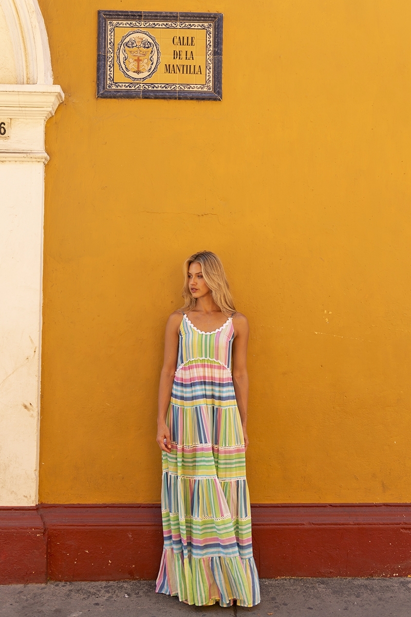 Vestido longo Patricia - pastel - estampa de listras - vestido sem alças - Miss June Paris - 4