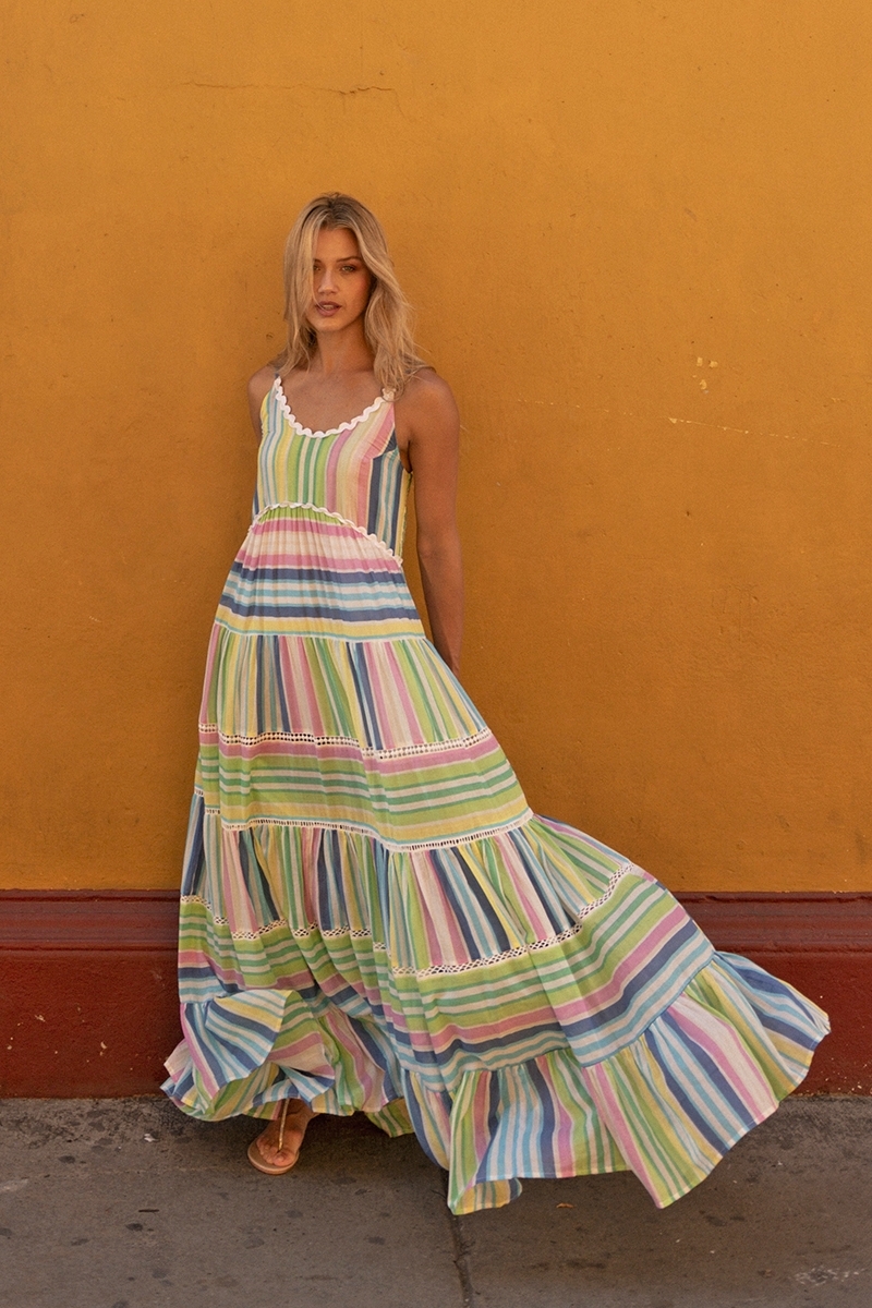 Vestido longo Patricia - pastel - estampa de listras - vestido sem alças - Miss June Paris - 2