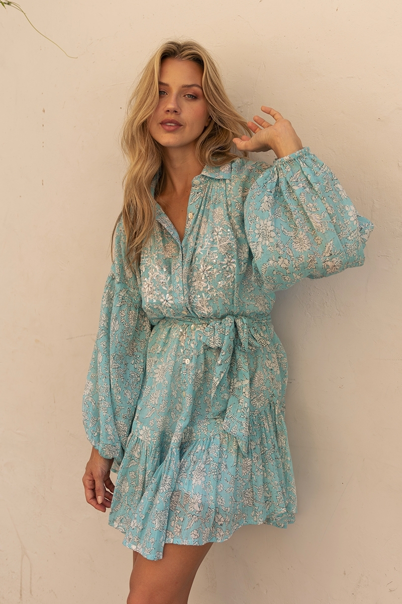 Vestido curto Pia - azul - mangas longas - bordado com lantejoulas - Miss June Paris - 1