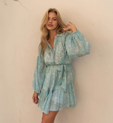 Vestido curto Pia - azul - mangas longas - bordado com lantejoulas - Miss June Paris - 1