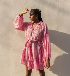 Pia short dress - pink - long sleeves - embroidered with sequins - Miss June Paris - 1