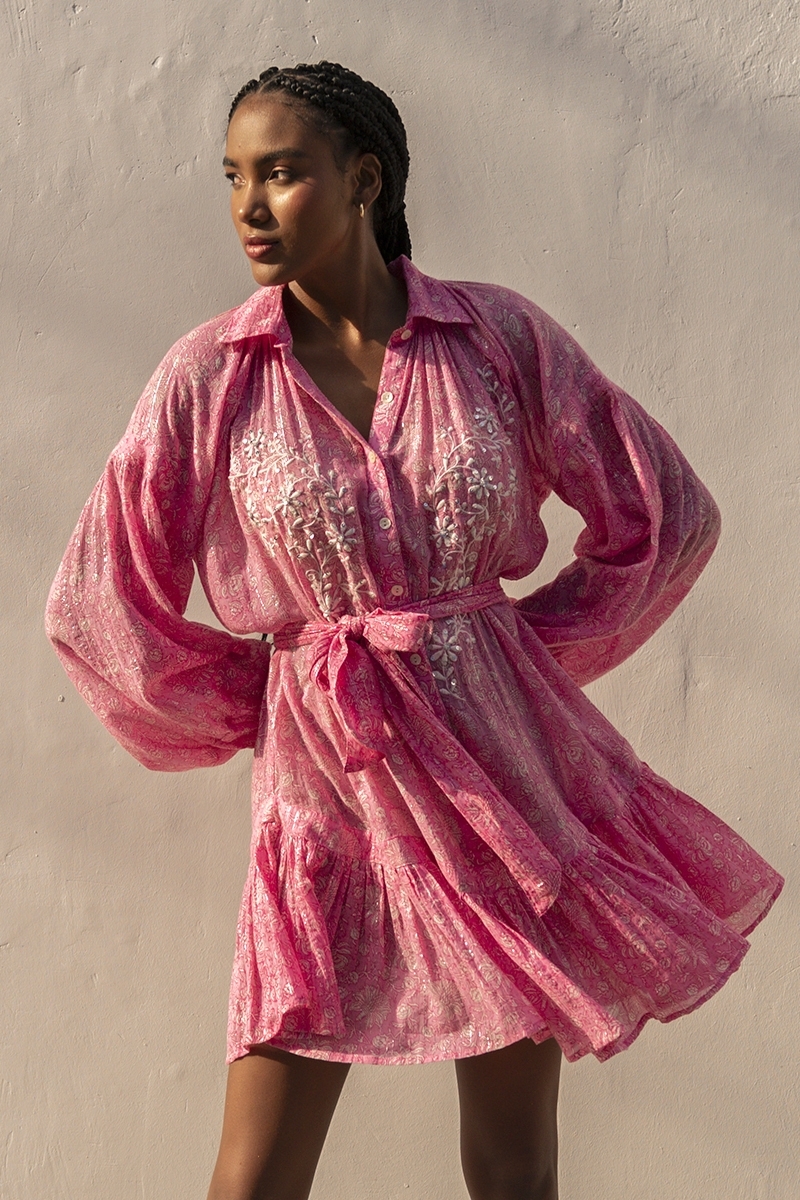 Vestido corto Pia - rosa - manga larga - bordado con lentejuelas - Miss June Paris - 2