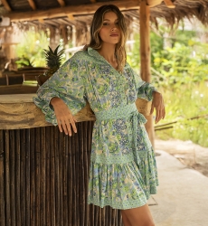 Mariana short dress - green/blue - floral print - long sleeves - matching belt - Miss June Paris - 3