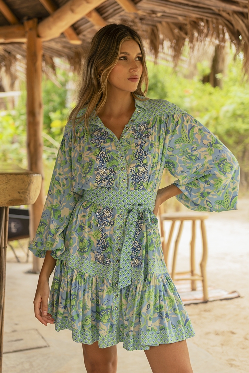 Vestido curto Mariana - verde/azul - estampa floral - mangas longas - cinto combinando - Miss June Paris - 1