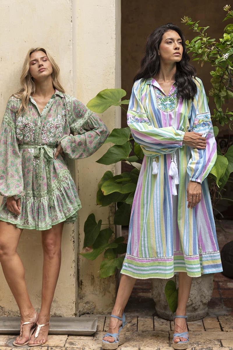 Veronica long dress - stripes print - long puffed sleeves - matching belt - Miss June Paris - 2
