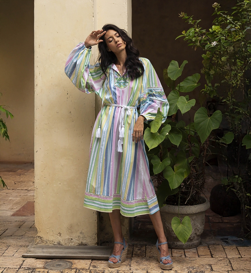 Veronica long dress - stripes print - long puffed sleeves - matching belt - Miss June Paris - 1