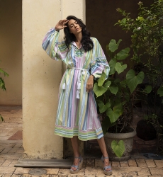 Vestido longo Veronica - estampa de listras - mangas longas bufantes - cinto combinando - Miss June Paris - 1