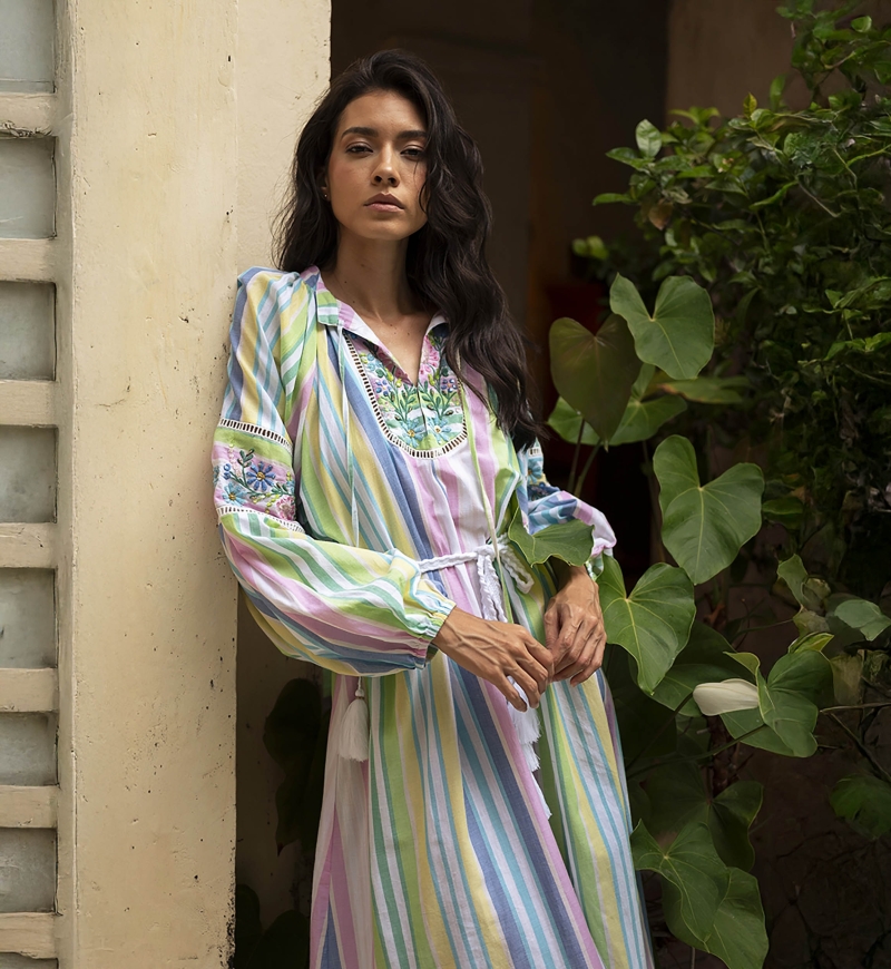 Veronica long dress - stripes print - long puffed sleeves - matching belt - Miss June Paris - 3