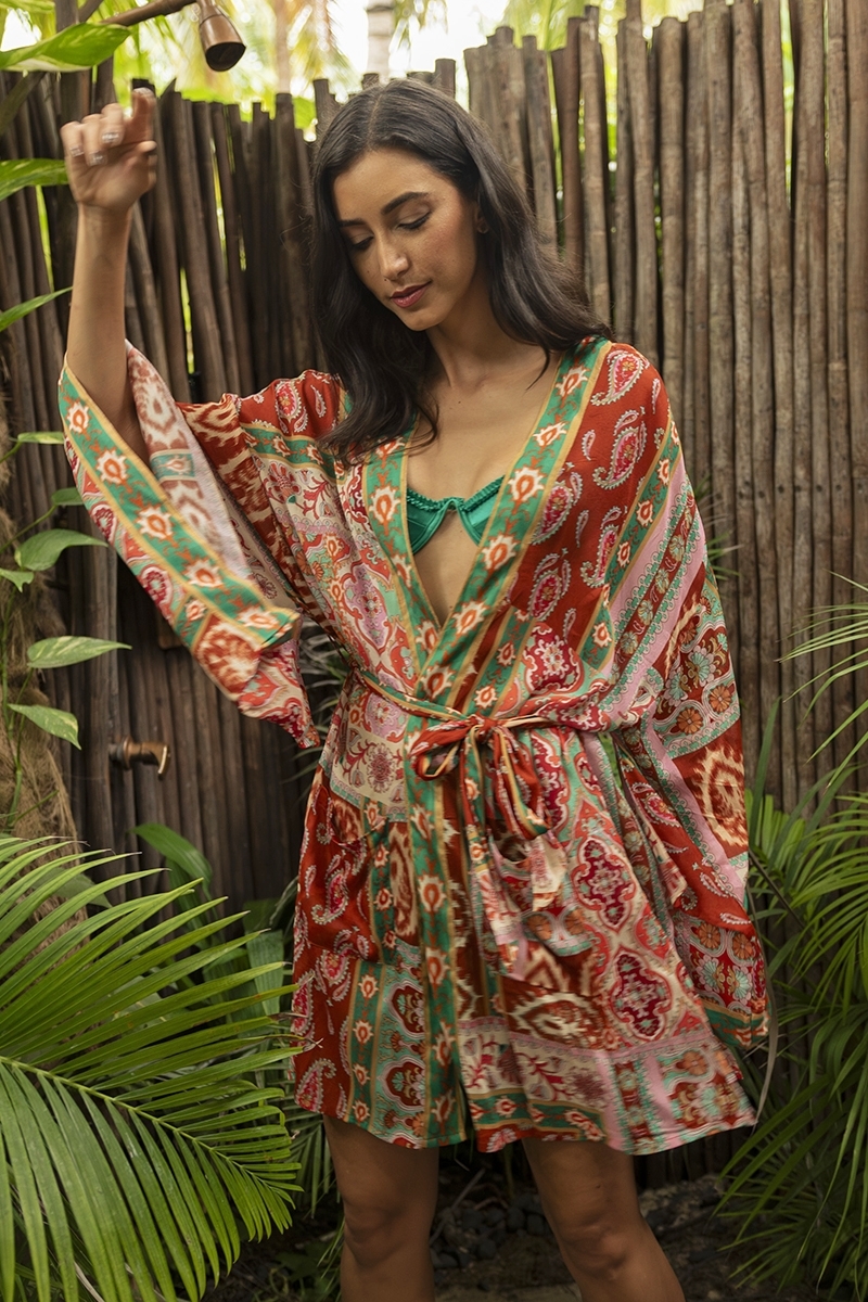 Quimono curto Lulia - multicolorido - estampa paisley - cinto combinando - Miss June Paris - 1