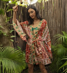 Quimono curto Lulia - multicolorido - estampa paisley - cinto combinando - Miss June Paris - 1