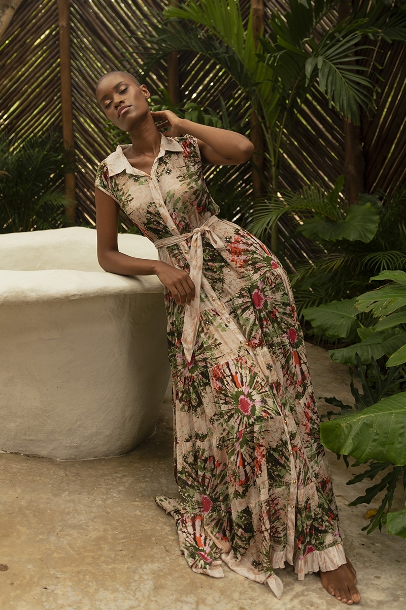 Vestido longo Jimena - gola tipo camisa - botões dourados - estampa floral - cinto combinando - Miss June Paris - 1