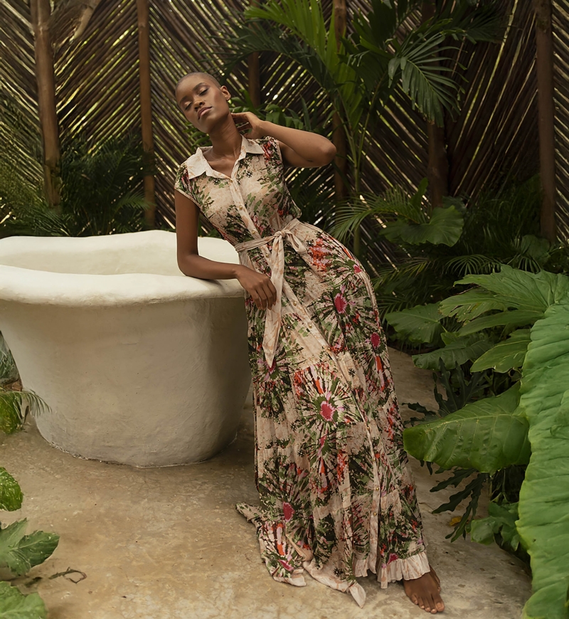 Vestido longo Jimena - gola tipo camisa - botões dourados - estampa floral - cinto combinando - Miss June Paris - 1