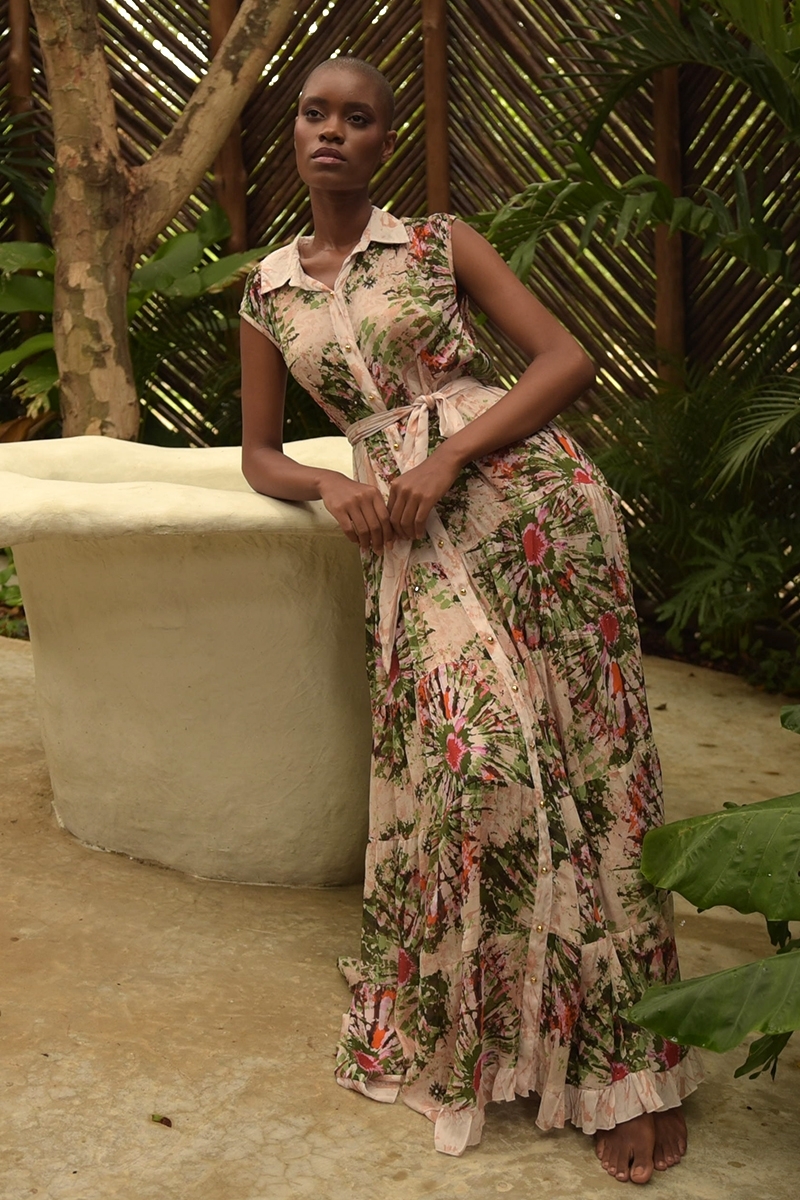 Vestido longo Jimena - gola tipo camisa - botões dourados - estampa floral - cinto combinando - Miss June Paris - 3