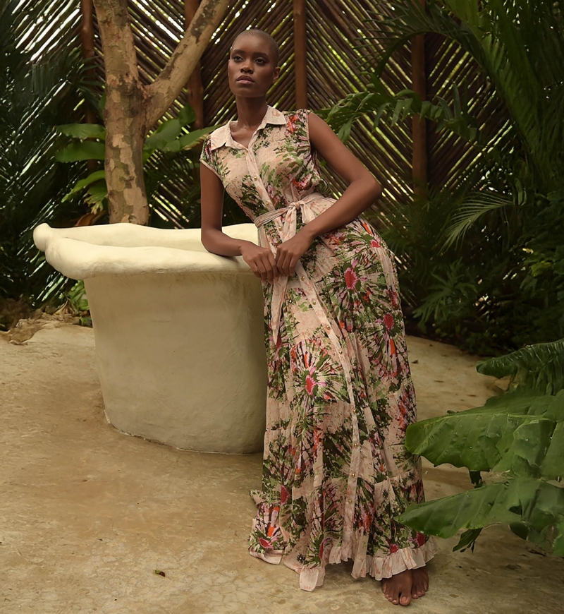 Vestido longo Jimena - gola tipo camisa - botões dourados - estampa floral - cinto combinando - Miss June Paris - 3