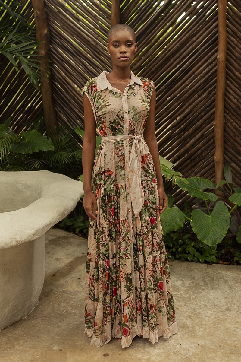 Jimena long dress - blouse collar - gold buttons - floral print - matching belt - Miss June Paris - 2