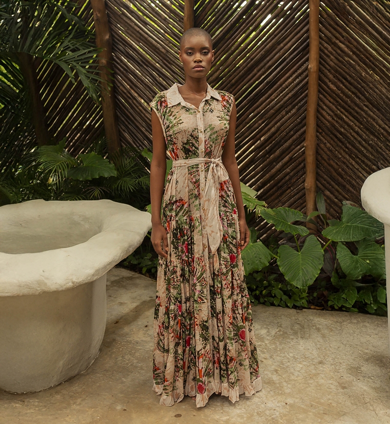 Jimena long dress - blouse collar - gold buttons - floral print - matching belt - Miss June Paris - 2