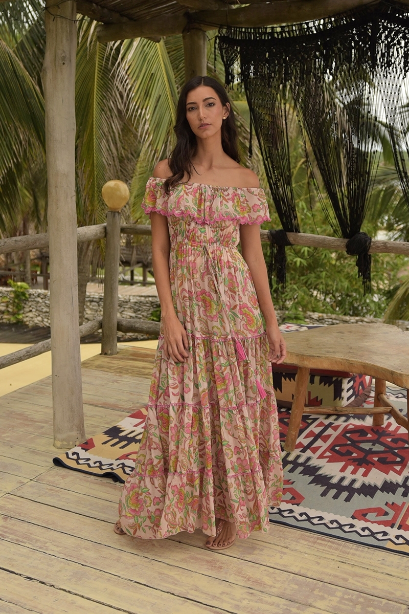 Vestido longo Karina - cores vivas - estampa floral - ombros à mostra - Miss June Paris - 3