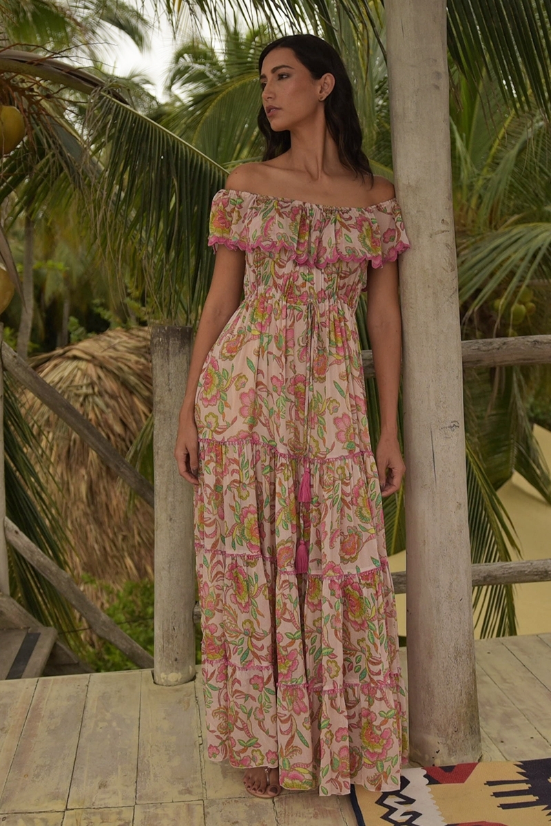 Vestido largo Karina - colores vivos - estampado floral - hombros descubiertos - Miss June Paris - 2