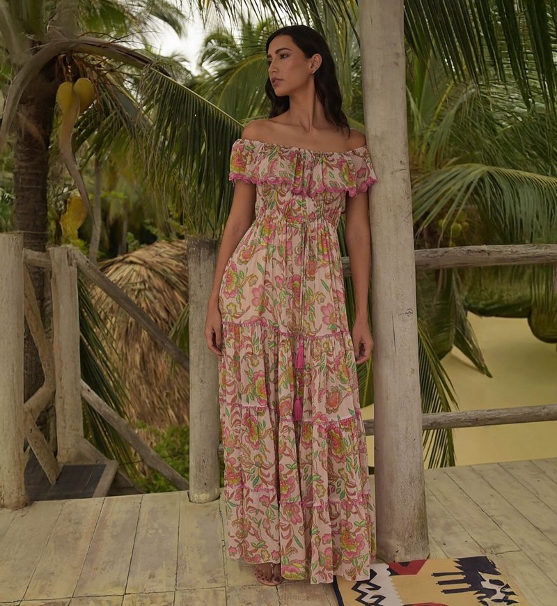 Vestido longo Karina - cores vivas - estampa floral - ombros à mostra - Miss June Paris - 2