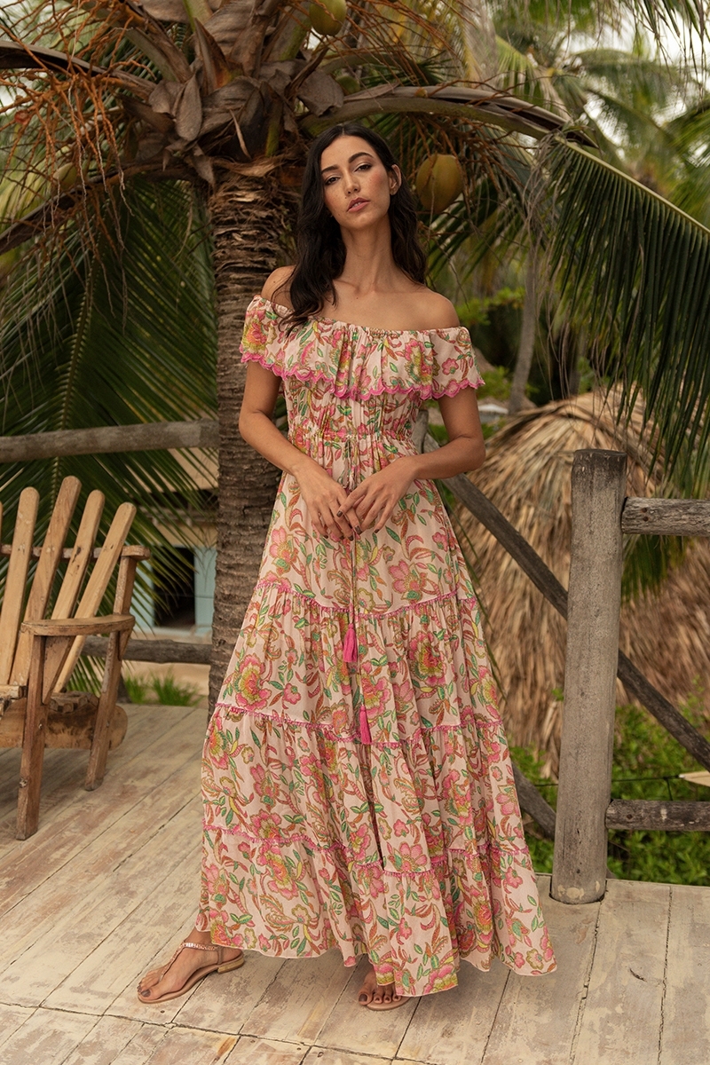 Vestido largo Karina - colores vivos - estampado floral - hombros descubiertos - Miss June Paris - 1