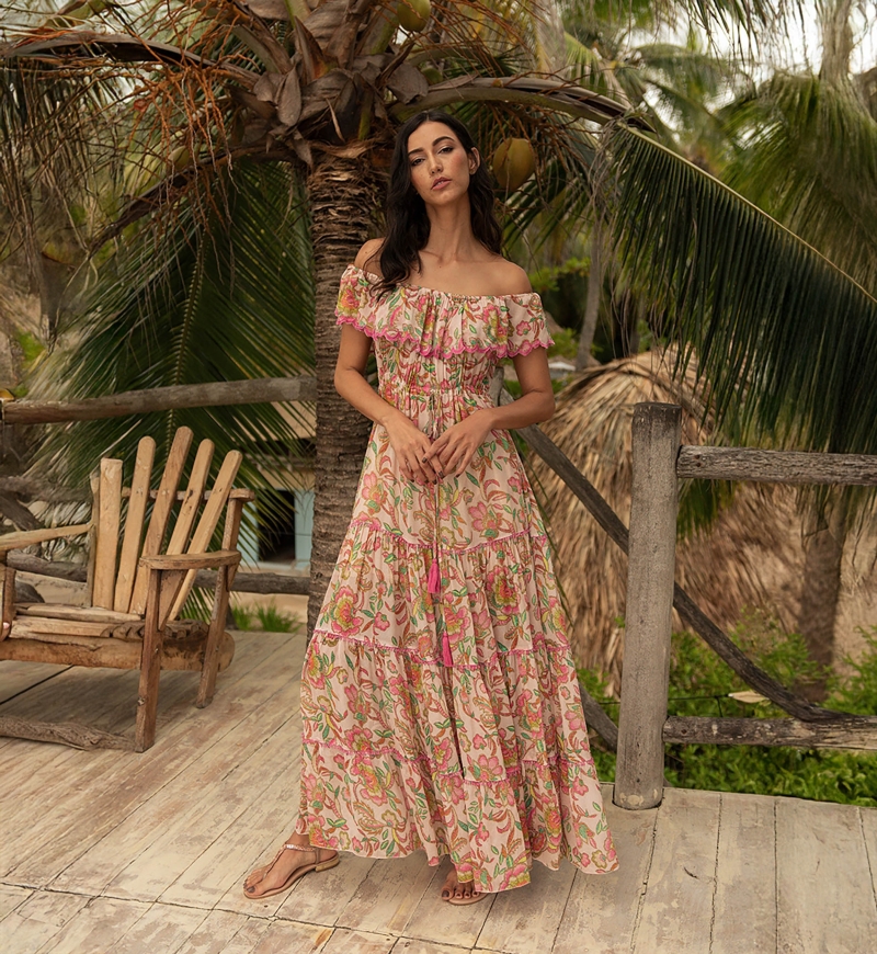 Vestido longo Karina - cores vivas - estampa floral - ombros à mostra - Miss June Paris - 1