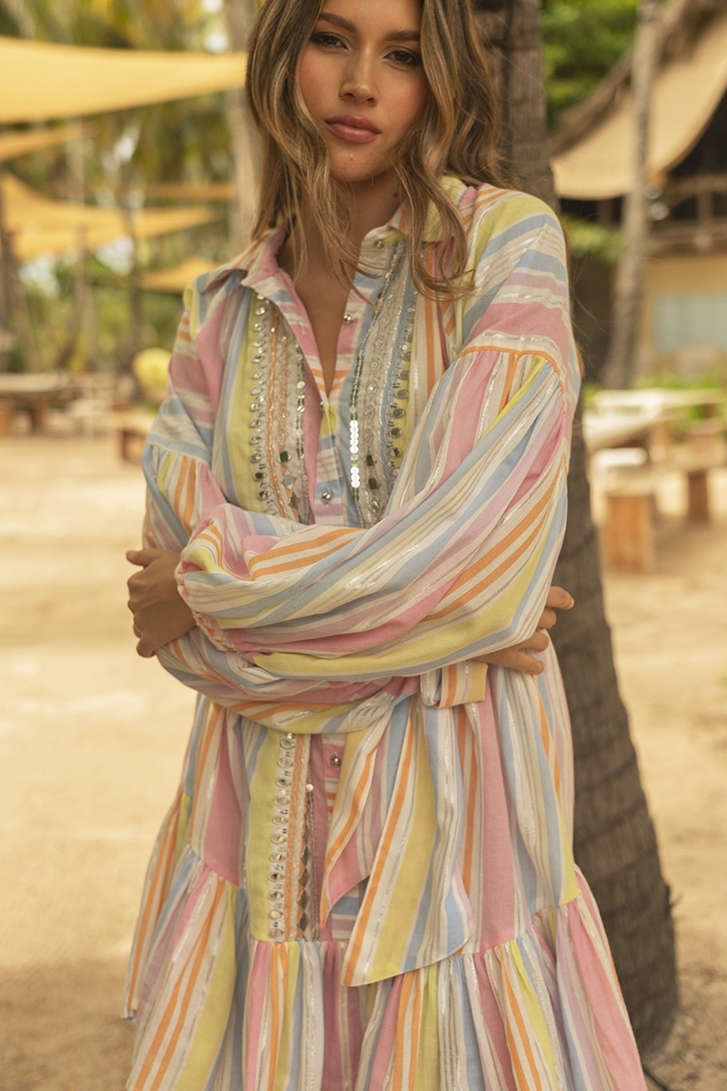 Antonia Short Dress: multicolor - striped - chest adorned with small mirrors - long sleeves - Miss June Paris - 2