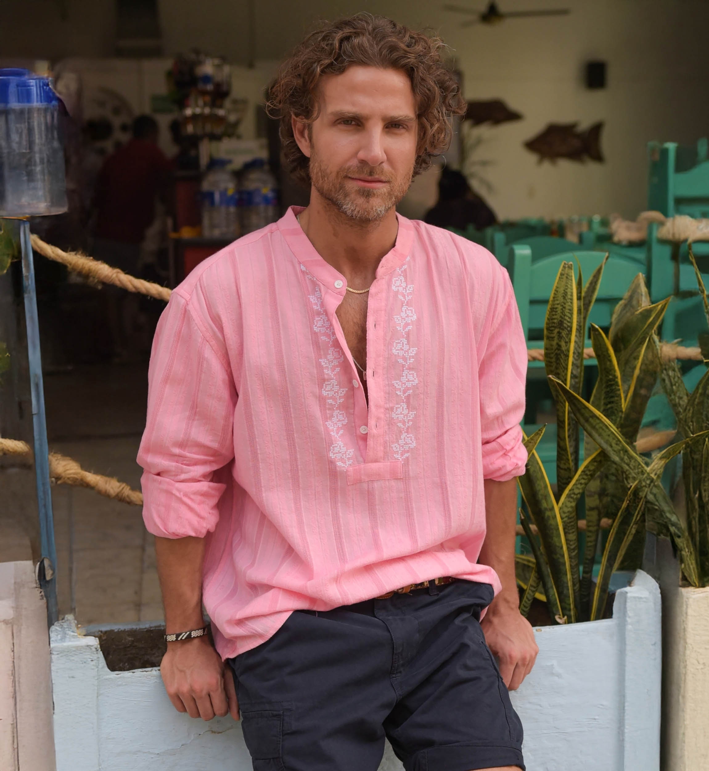 Camisa Jerico – rosa com detalhes bordados em branco – mangas longas – coleção Shay – Miss June Paris – 1