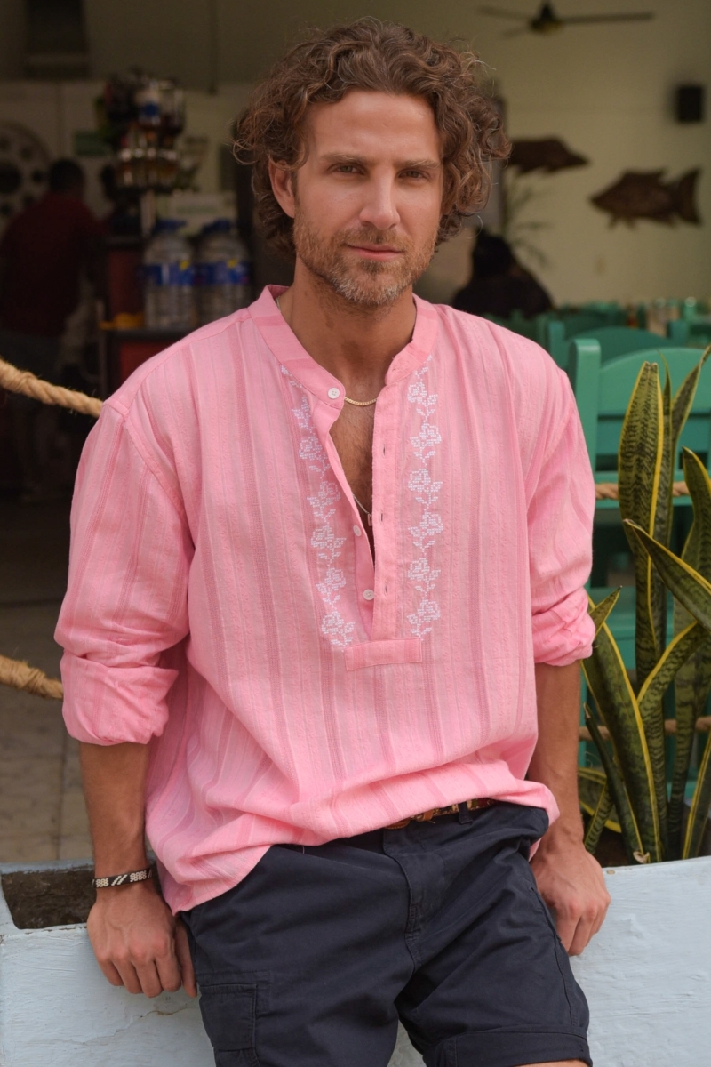 Camisa Jerico – rosa com detalhes bordados em branco – mangas longas – coleção Shay – Miss June Paris – 1