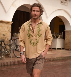 Camisa de Manga Comprida Leyca – bege com bordados caqui – coleção Shay – Miss June Paris – 1